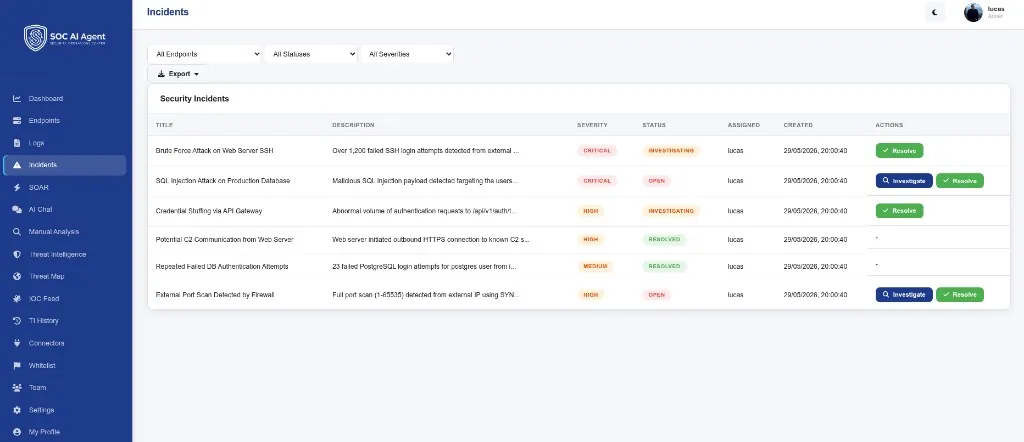 SOC AI Agent Incident-Management-Bildschirm