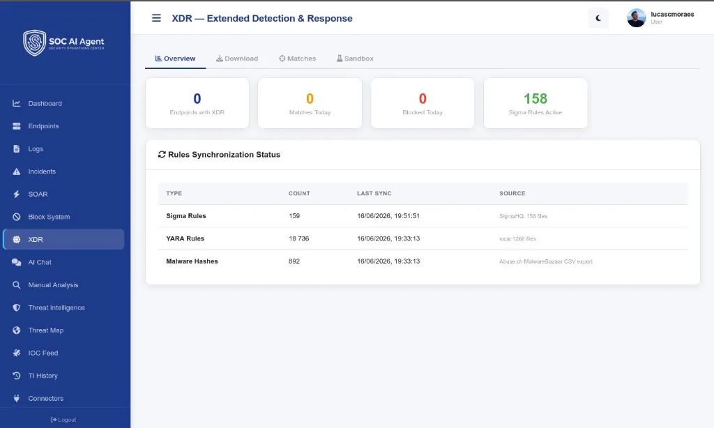 SOC AI Agent Agent XDR und Sigma-Regeln Panel